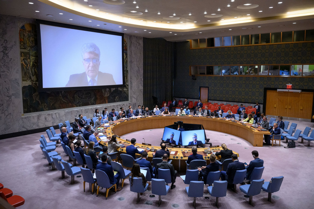 Miroslav Jenča (on screen), Assistant Secretary-General for Europe at the Department of Political and Peacebuilding Affairs briefing the Security Council.
